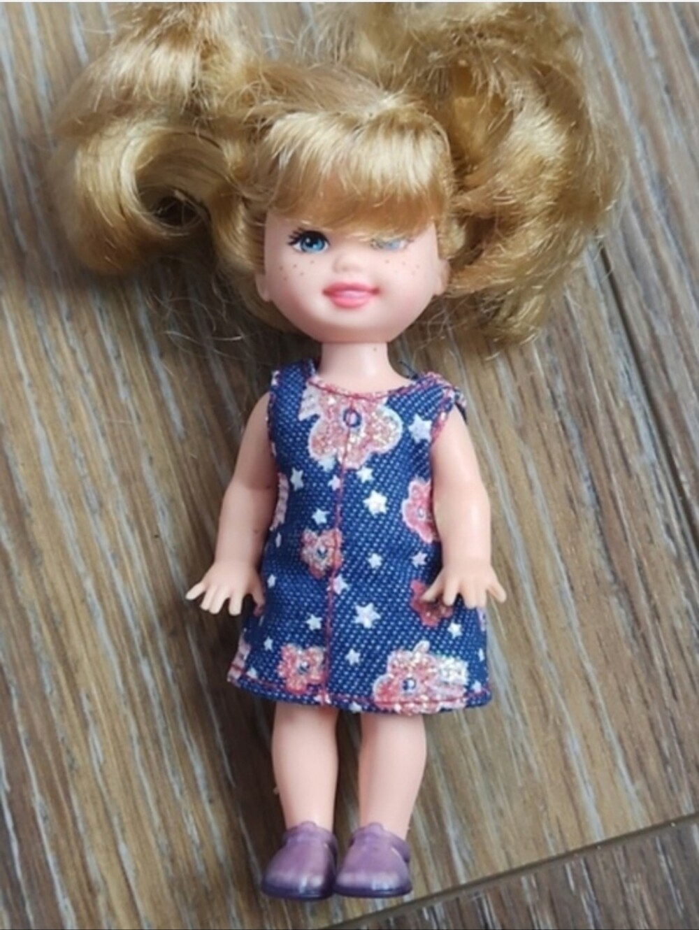 Vintage Kelly or Friend Barbie Doll Freckles Pink Sparkly Flowers Blue Dress